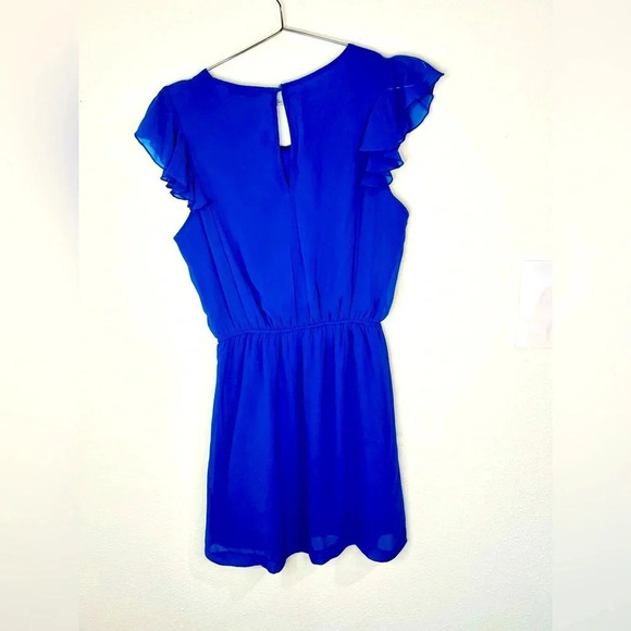 Timing Blue Sheer Ruffle Sleeve Dress Flowy Pleated Front - Picture 6 of 8